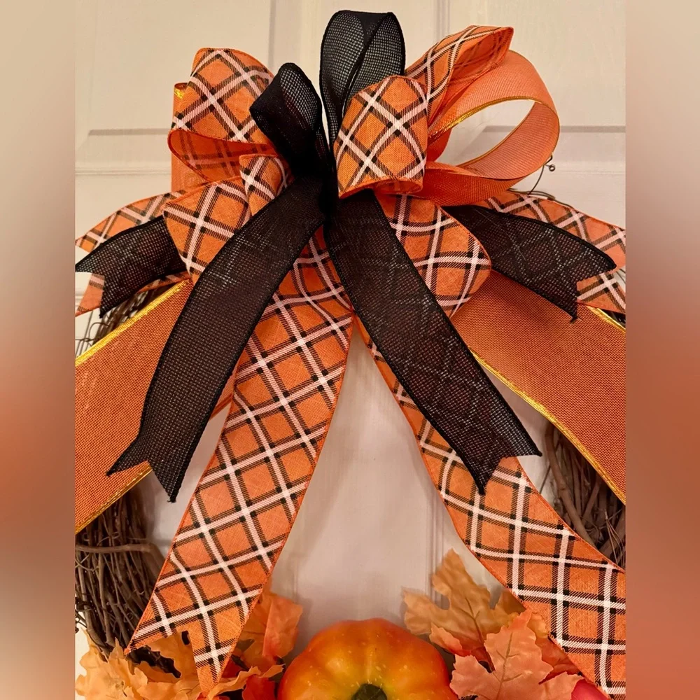 Festive Fall or Halloween Pumpkin Wreath with Orange and Black Plaid Bow